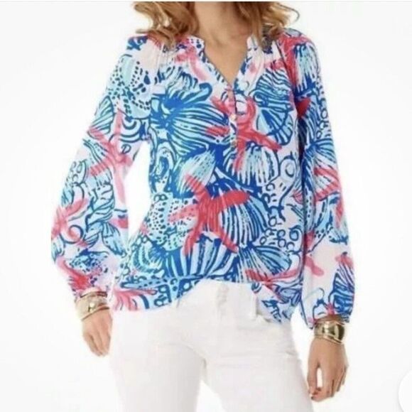 Lilly Pulitzer Sz XS 100% Silk Elsa Top Resort She Shells Top Starfish Blouse - Picture 2 of 14